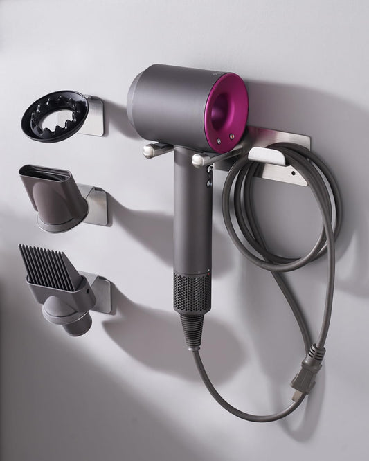 Hair Dryer Holder, Hair Dryer Holder Wall Mount for Supersonic/Nural & Attachments. Stainless Steel Hair Dryer Stand with Magnetic Rings. Hair Tool Organizer for Bathrooms Silver BANJEKT
