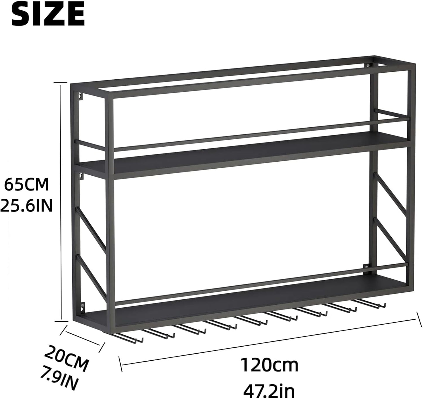 Wall Mounted Wine Rack with Glass Holder，Stylish Mini Floating Bar Shelves for Liquor Bottle Display in Dining Room, Kitchen, Living Room (47.2”W x 26”H x 7.8”D)