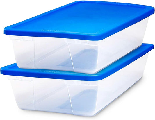 HOMZ 2-Pack Snaplock, Large Clear Plastic Storage Organizer Bins w/Lids, 41 Quart, Blue - Stackable Container Boxes for Bedroom, Bathroom, Garage, and Office Organization