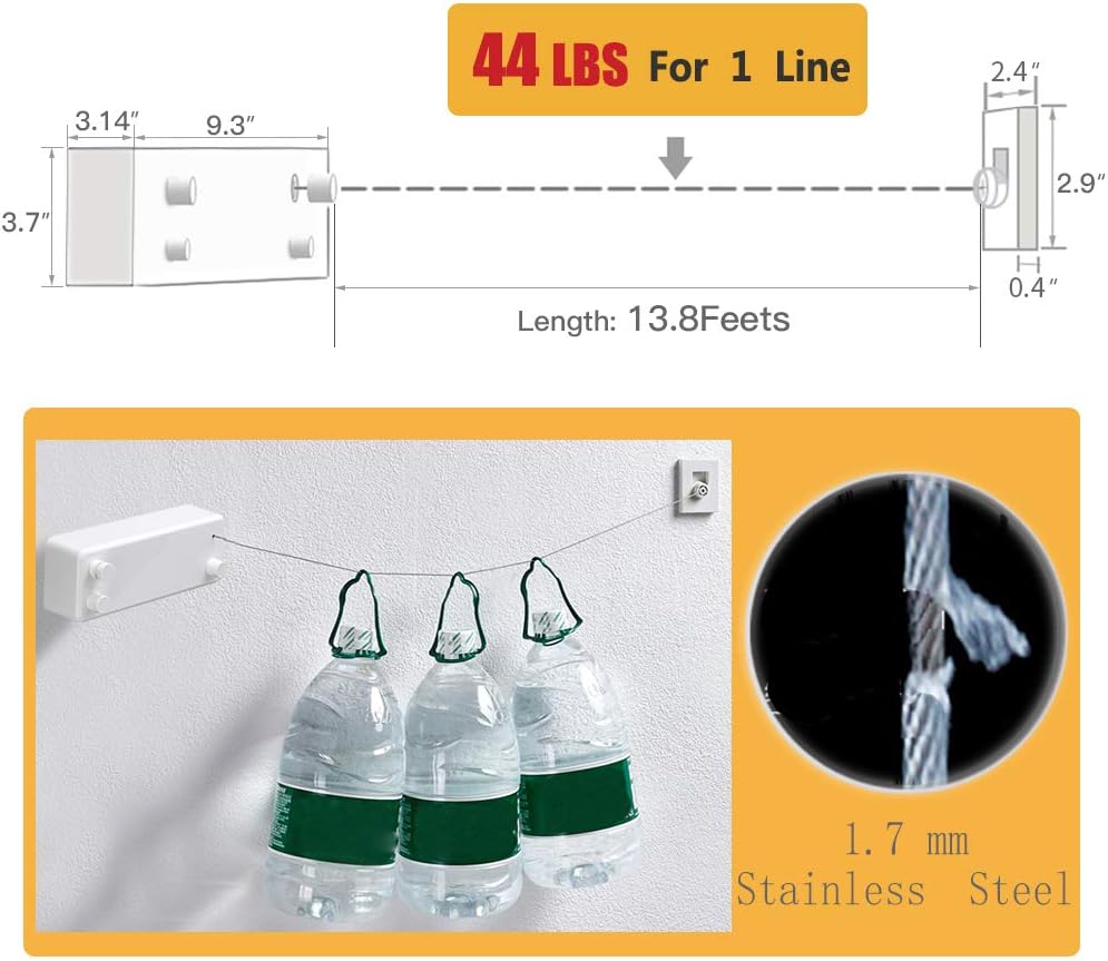BESy Retractable Clothesline ABS case+Aluminum Dryer with Adjustable Stainless Steel Double Rope String Hotel Style Heavy Duty,Wall Mounted Method, 13.8 Feets,White