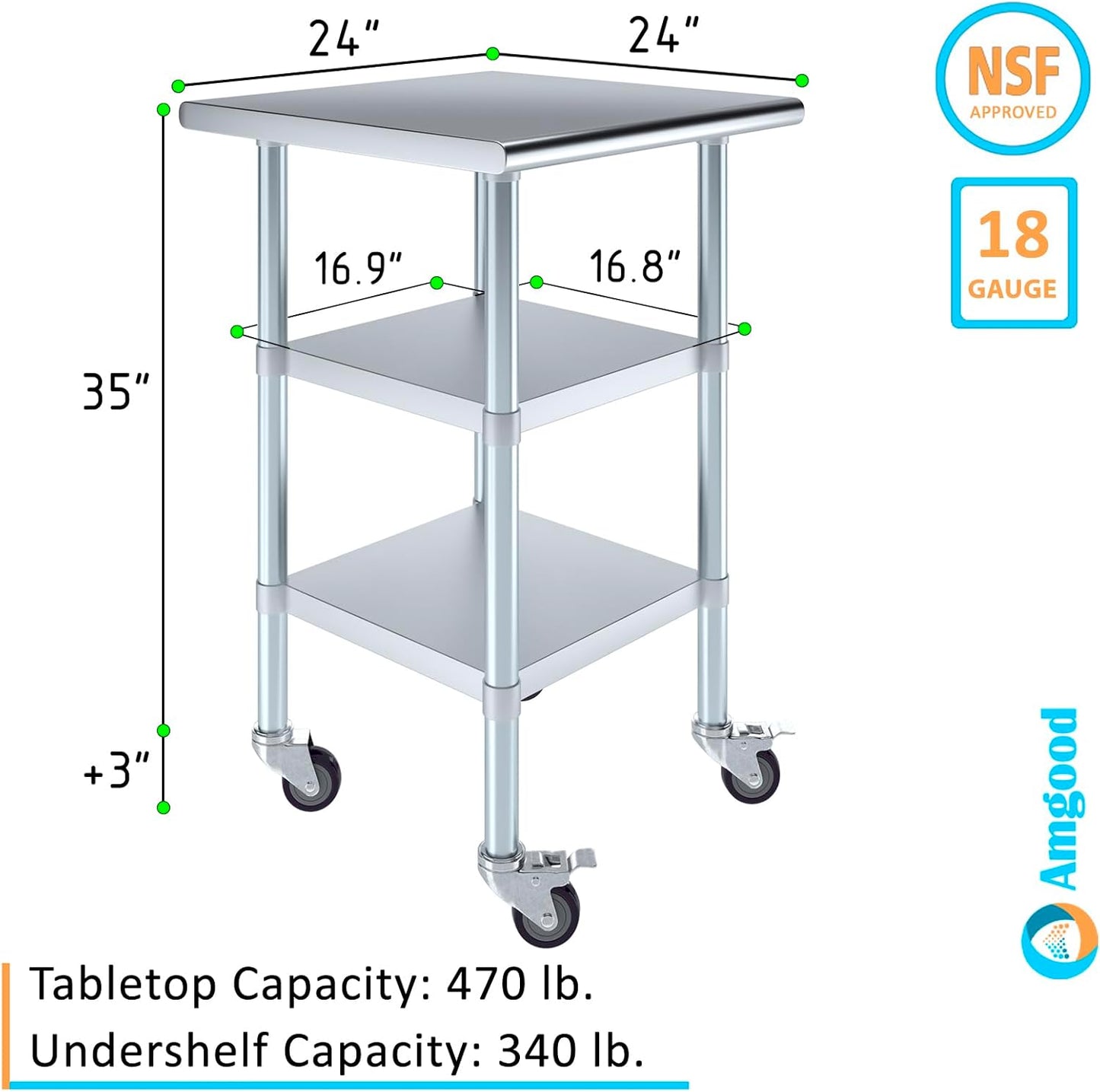 AmGood Stainless Steel Work Table with 2 Shelves and Casters | Metal Utility Table On Wheels (Stainless Steel Work Table with 2 Shelves + Casters, 24" Long x 24" Deep)