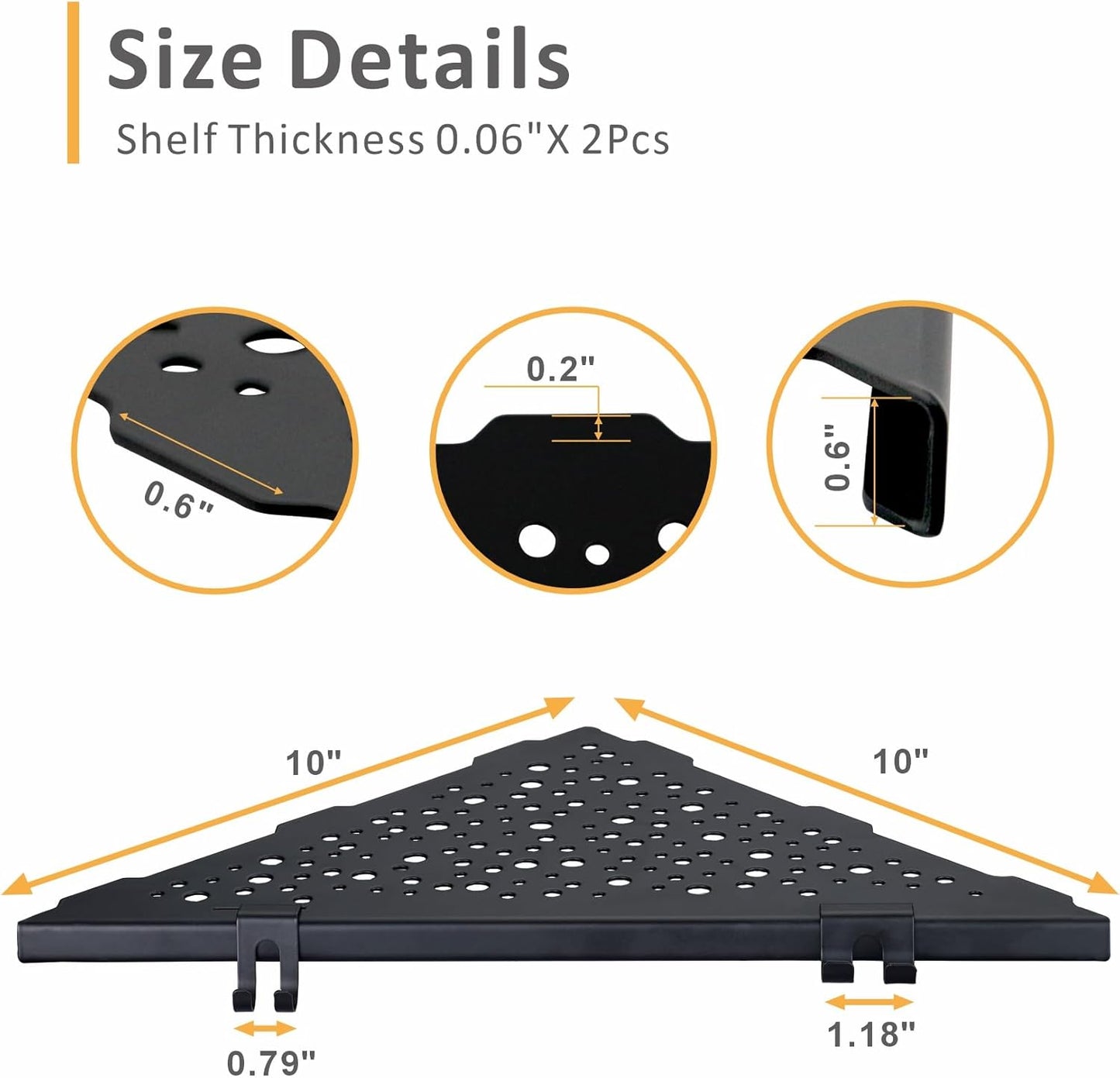 Corner Shower Shelf with 4 Hooks,10 Inch 304 Stainless Steel Recessed Bathroom Shelves,No-Drilling Installation for Tiled Wall,Matte Black, 2-Pack