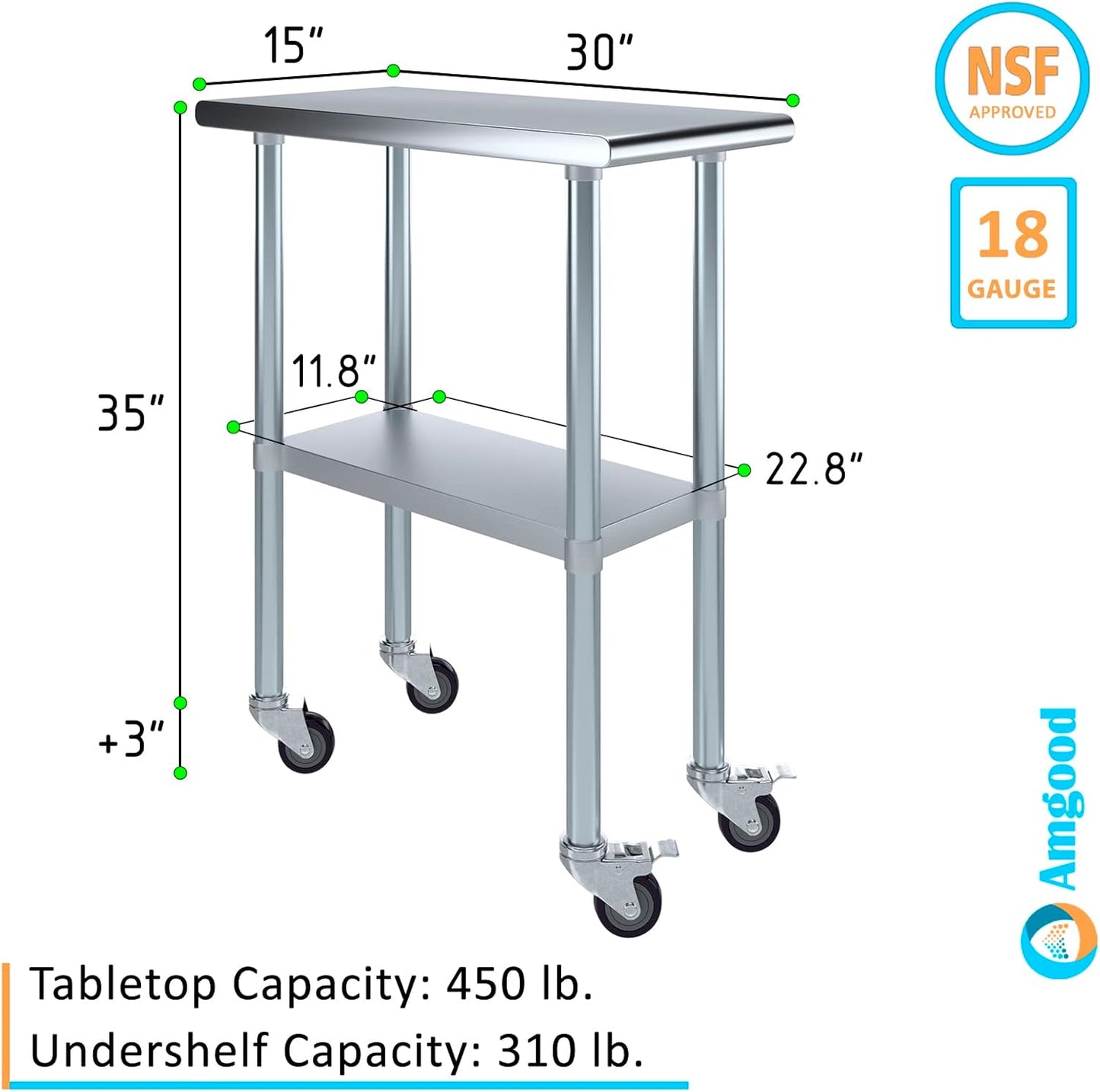 AmGood 30" x 15" Stainless Steel Work Table with Casters | Heavy Duty Metal Utility Table On Wheels | Kitchen Island Cart