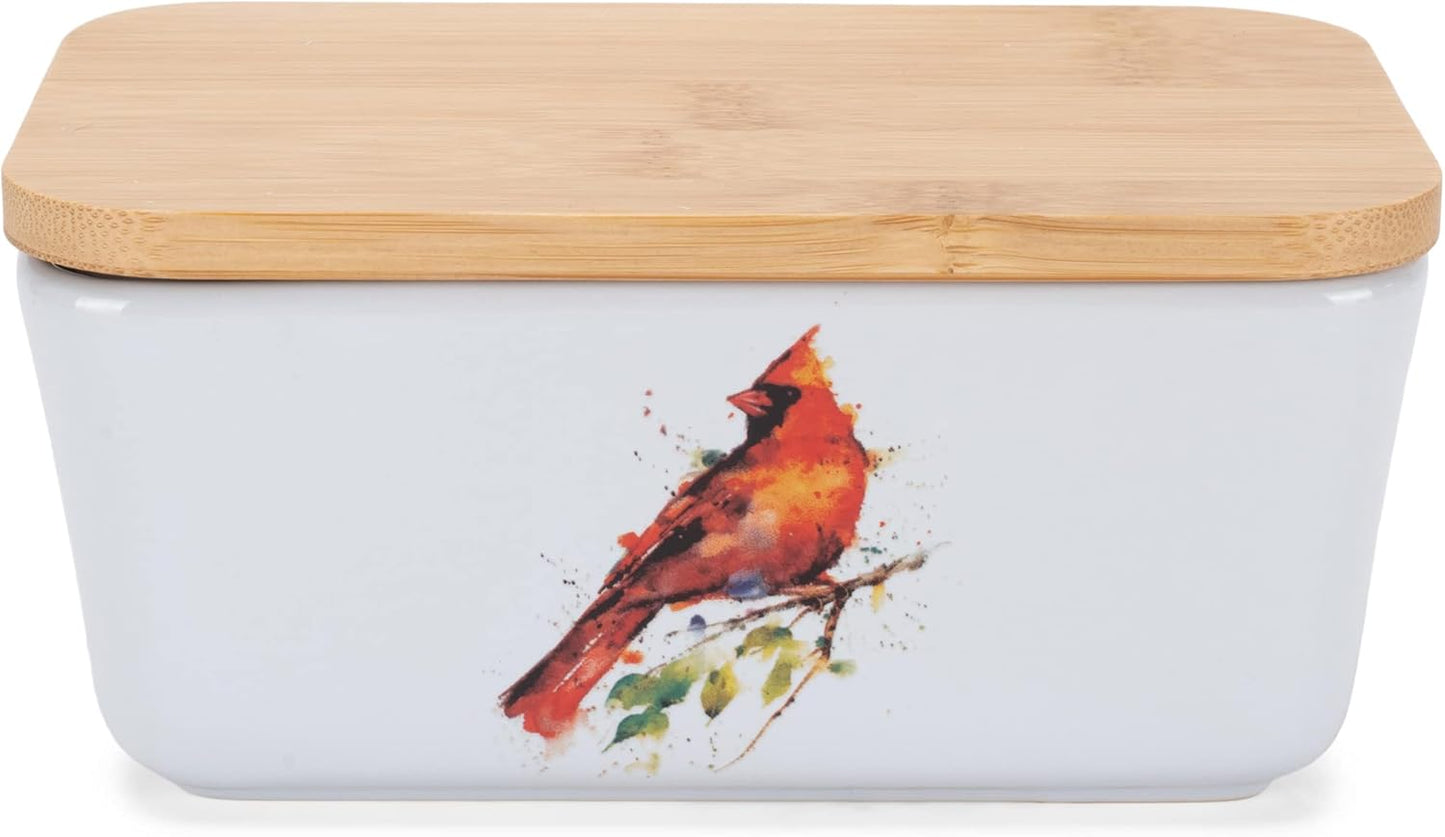 Nat & Jules Dean Crouser Ceramic Stoneware 1/2 Pound, 2 Sticks Butter Dish Airtight Bamboo Lid, Kitchen Accessory, Container Holder, Refrigerator Storage, Countertop Organization, Watercolor Cardinal