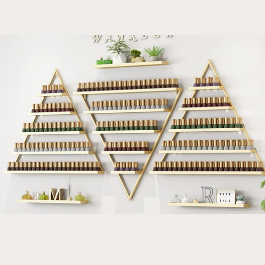Elegant Gold Wall Mounted Nail Polish Rack - Set of 6 Triangular Cosmetic Display Shelves for Essential Oil Bottles, Organize Your Lipsticks and Perfumes in Style at Home or Salon (Gold)