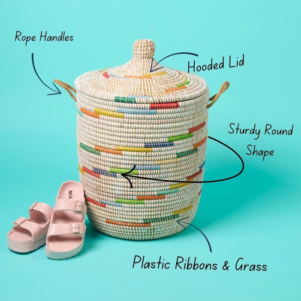 Tall Large Decorative Wicker Storage Basket with Lid, Laundry Hamper, Blanket Storage, Toys Bin, Clothes Holder, Boho Style (Colors White)