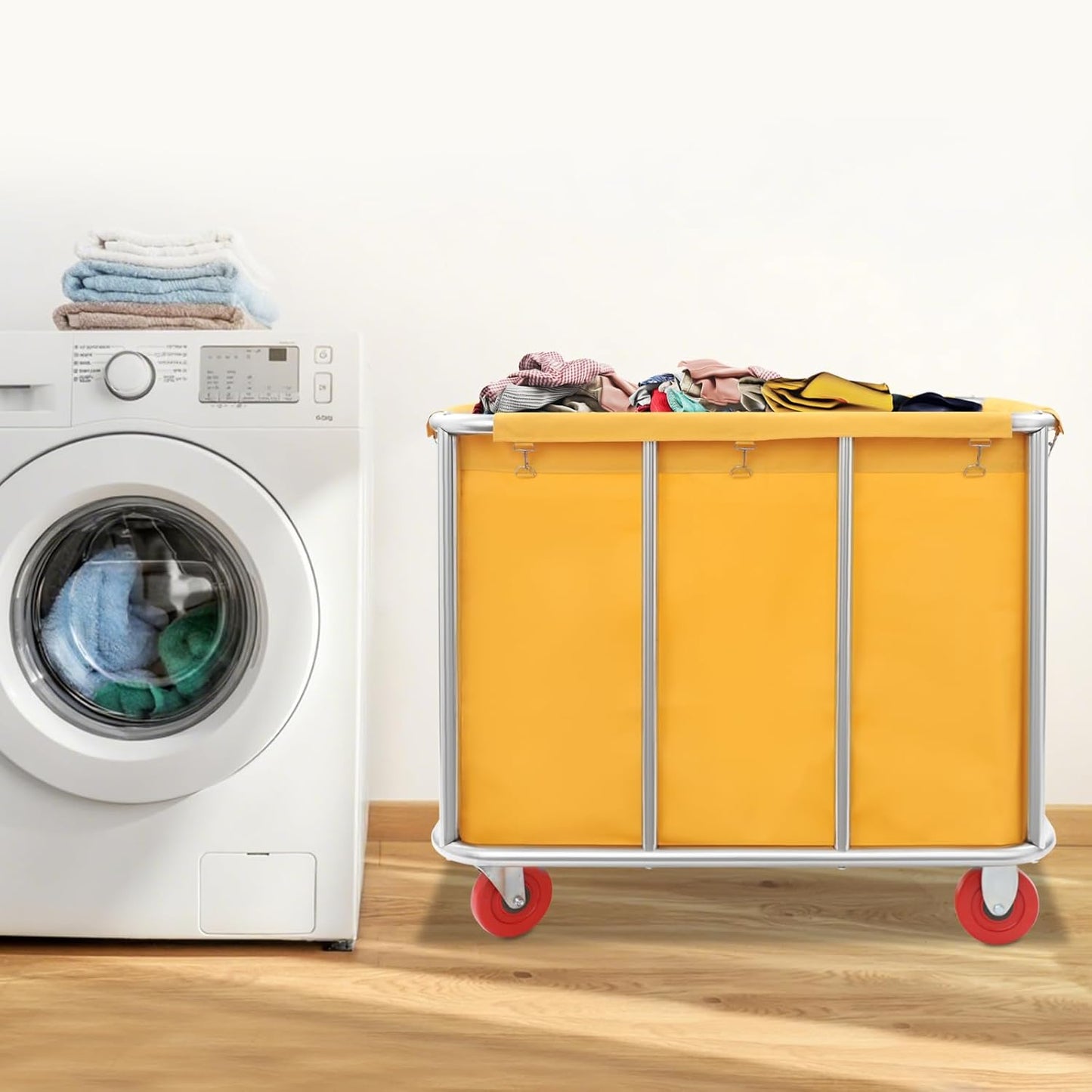 Commercial Laundry Cart with Wheels, Laundry Hamper Cart,Heavy Duty Rolling Laundry Basket with Large Capacity,Laundry Sorter Trolley for Home Hotel Apartment (Yellow, 35.43 * 25.6 * 31.5in)