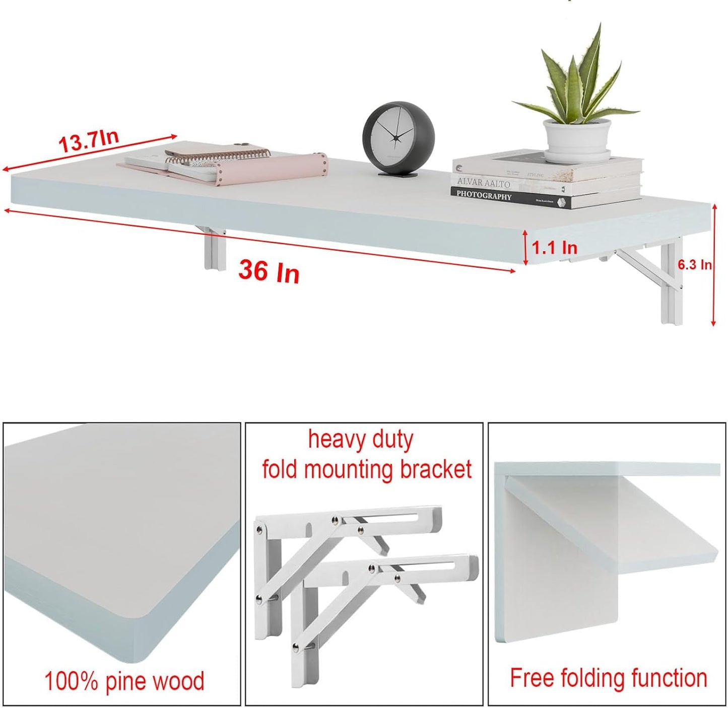 IAE Wall Mounted Folding Table with Pine Wood,36" x 14" Floating Wall Desk,Laundry Folding Table with Shelf Brackets,Fold Down Desk Shelf,Folding Workbench for Home,Dining,Laundry Room,Kitchen,White