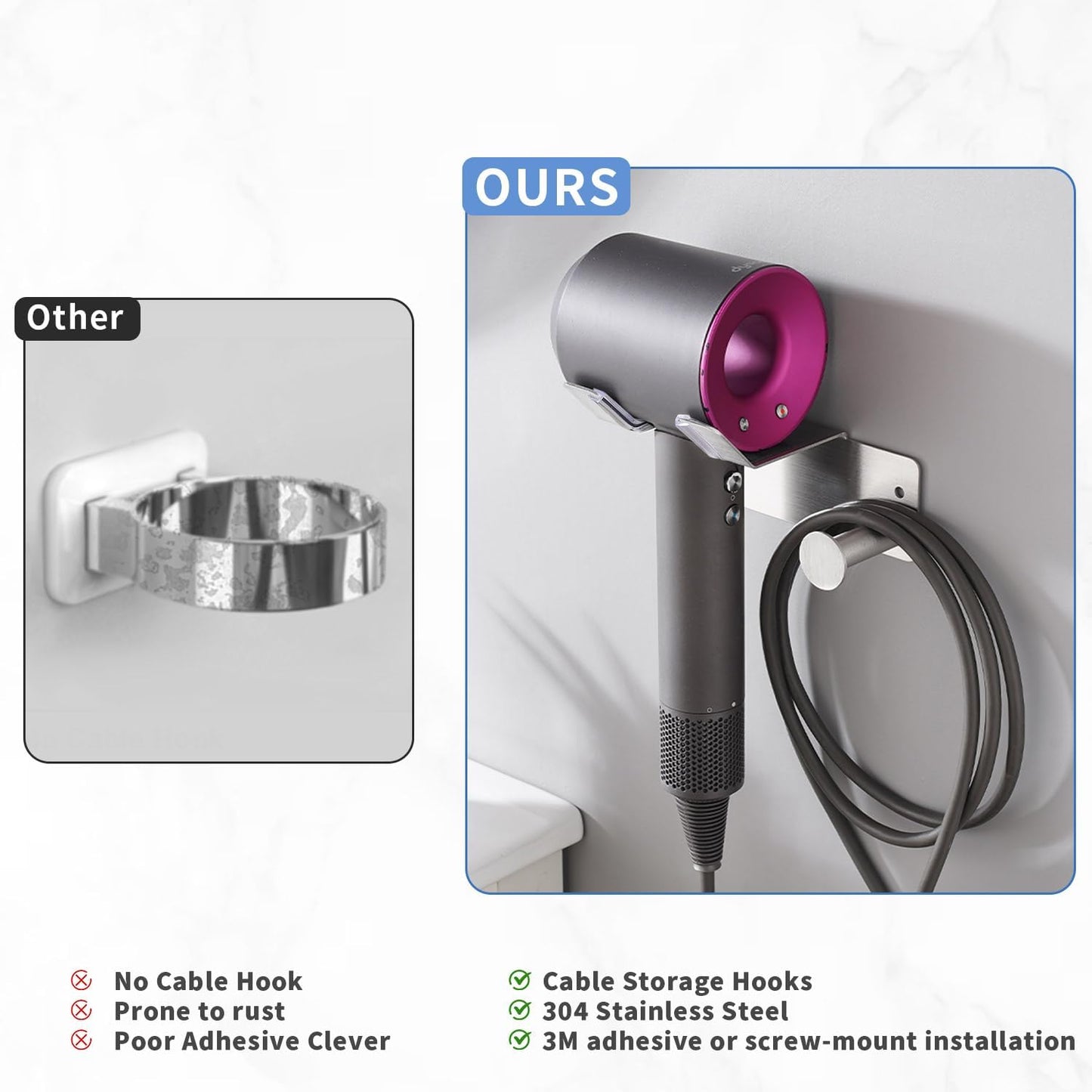 Hair Dryer Holder Stainless Steel, Blow Dryer Holder Self Adhesive, Dyson Hair Dryer Holder Wall Mounted Compatible with Dyson, Hairdryer Holder for Bathroom Silver PTALSEAW