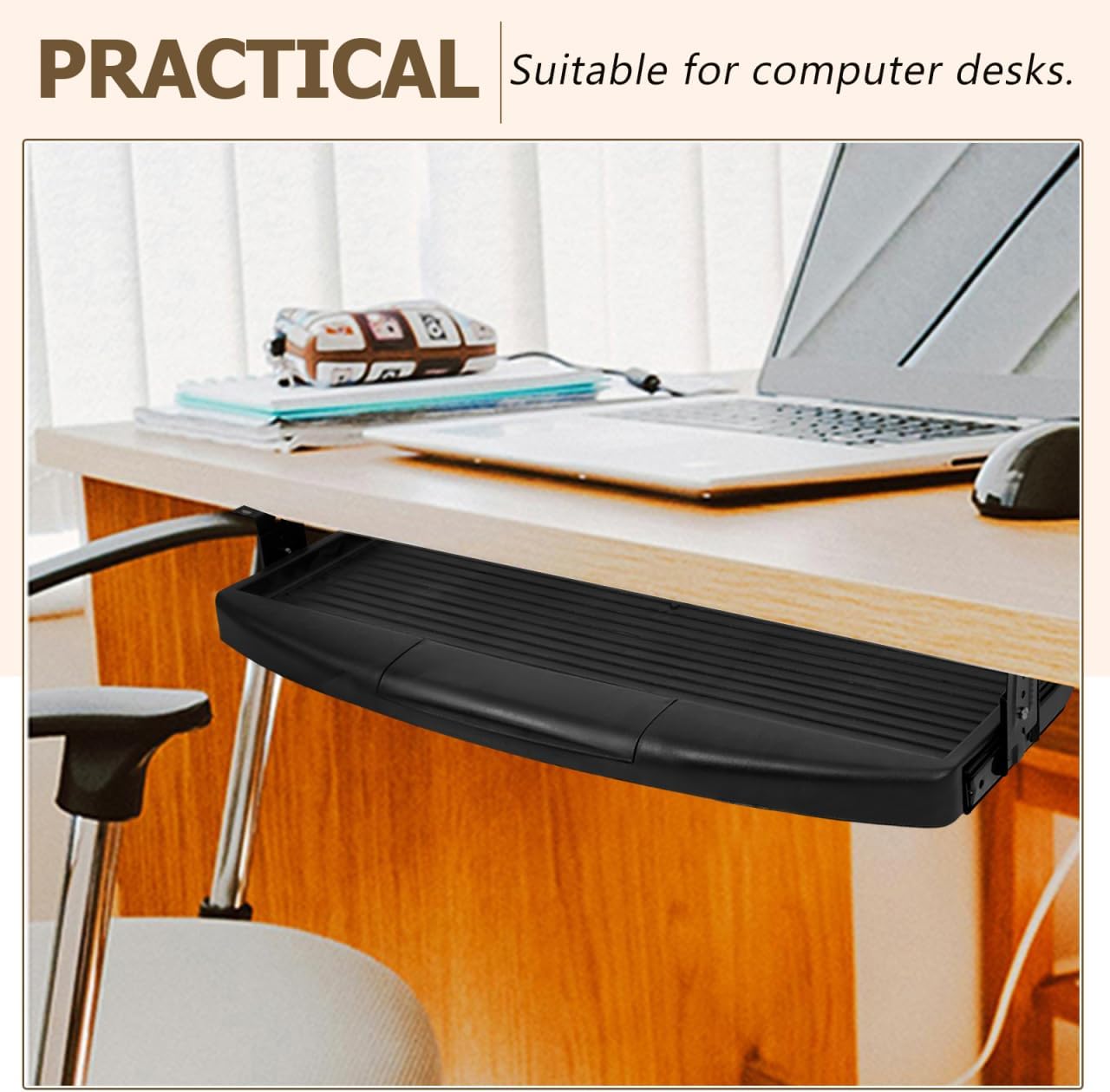 Under Desk Keyboard Tray with Adjustable Height, Ergonomic Slide-Out Keyboard Organizer, Black ABS Holder for Home and Office Use