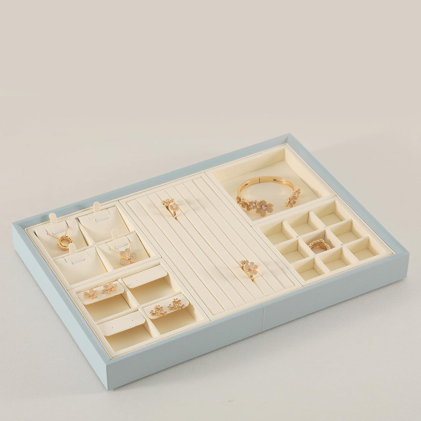 Dark Blue Jewelry Display Tray Ring Necklace Earring Bangle Organizer Multifunctional Storage Case for Jewelry Showcase (Long Ring Tray(beige))