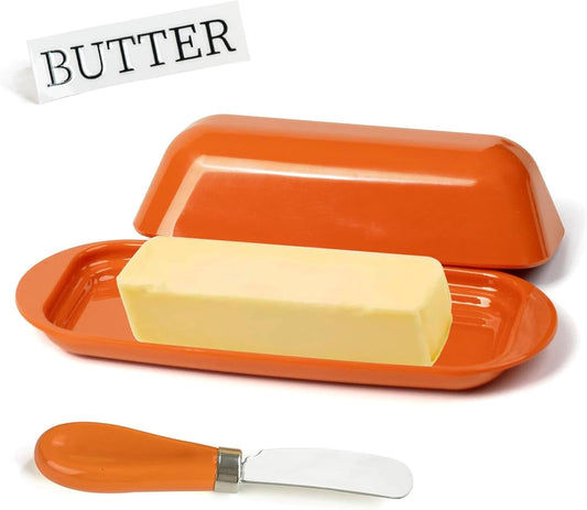 Butter Dish with Lid and Knife, Durable Countertop & Fridge Butter Keeper, BPA-Free Melamine Butter Container, Dishwasher Safe, Fits East/West Coast Butter Sticks (Pumpkin Orange)