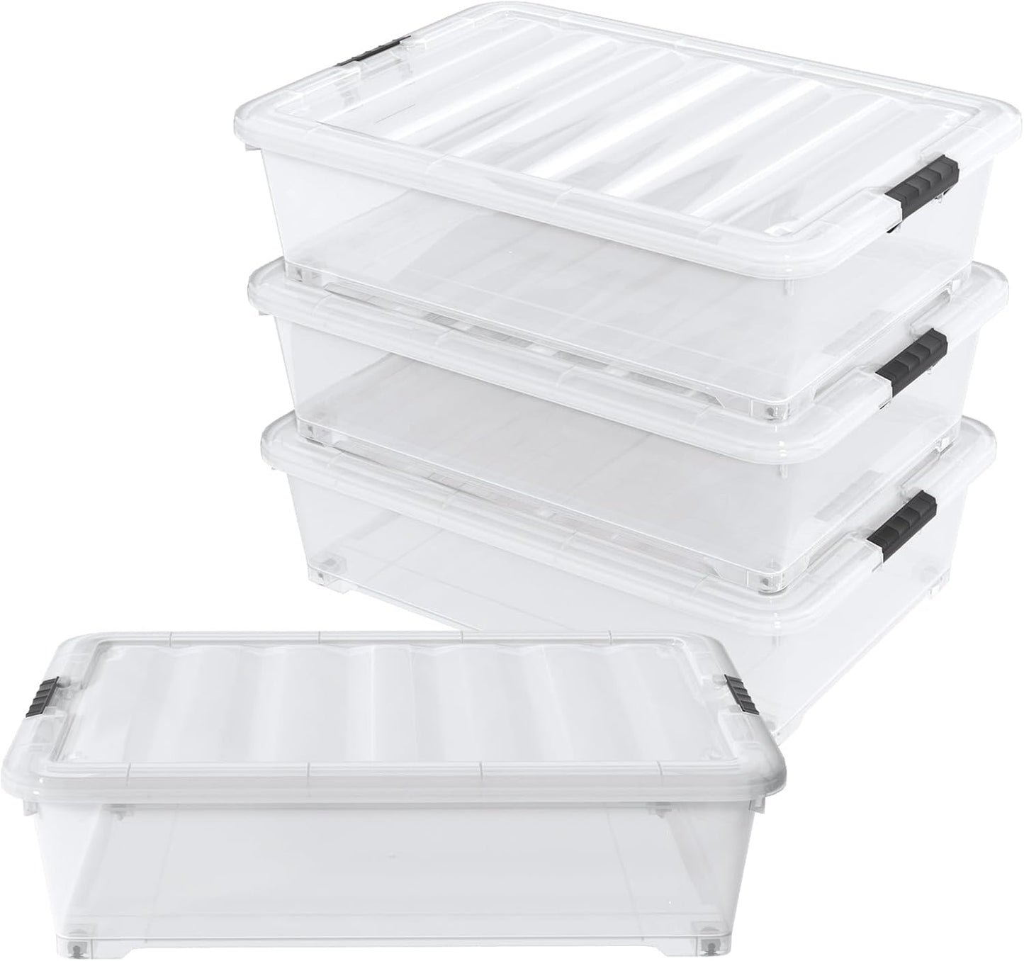 50 Quart Rolling Under Bed Storage Containers, 4-Pack 7.5 Inches Tall Low Profile Underbed Clothes Storage Organizer Bin with Sturdy Wheels, Clear