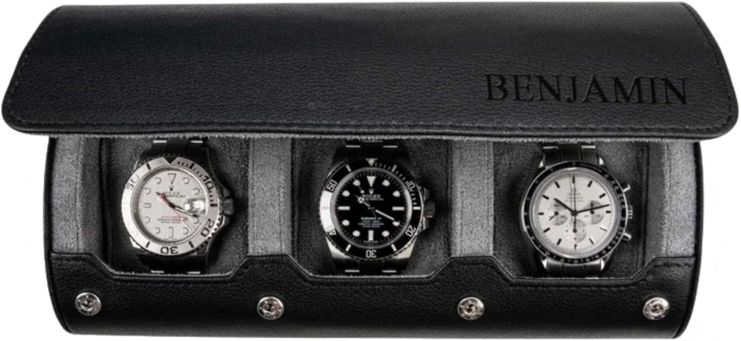 DailyWatch | Personalized Watch Roll Travel Case For 3 Watches - Handmade Genuine Leather Travel Case With Custom Engraving of Name or Initials -