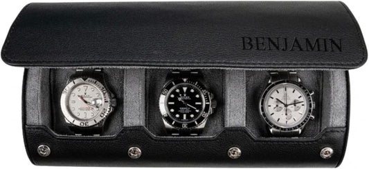 DailyWatch | Personalized Watch Roll Travel Case For 3 Watches - Handmade Genuine Leather Travel Case With Custom Engraving of Name or Initials -