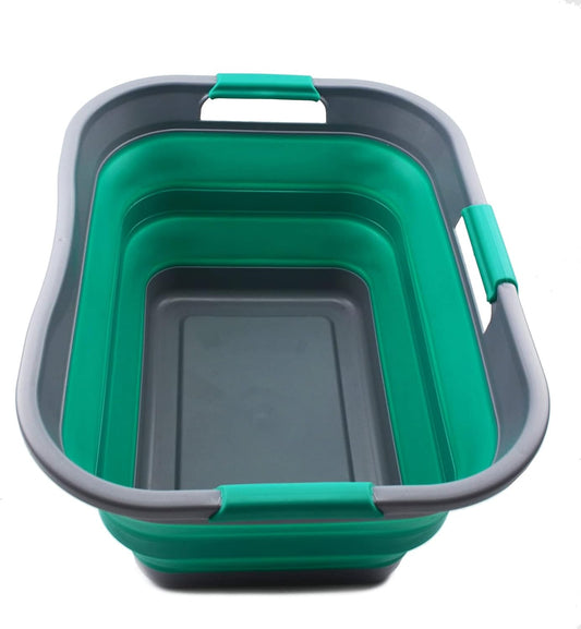 SAMMART 30L (8 gallon) Collapsible Plastic Laundry Basket - Foldable Pop Up Storage Container - Portable Washing Tub - Space Saving Hamper- Water Capacity 24L(6.3 gallon) (1, Dark Grey/Bluish-Green)