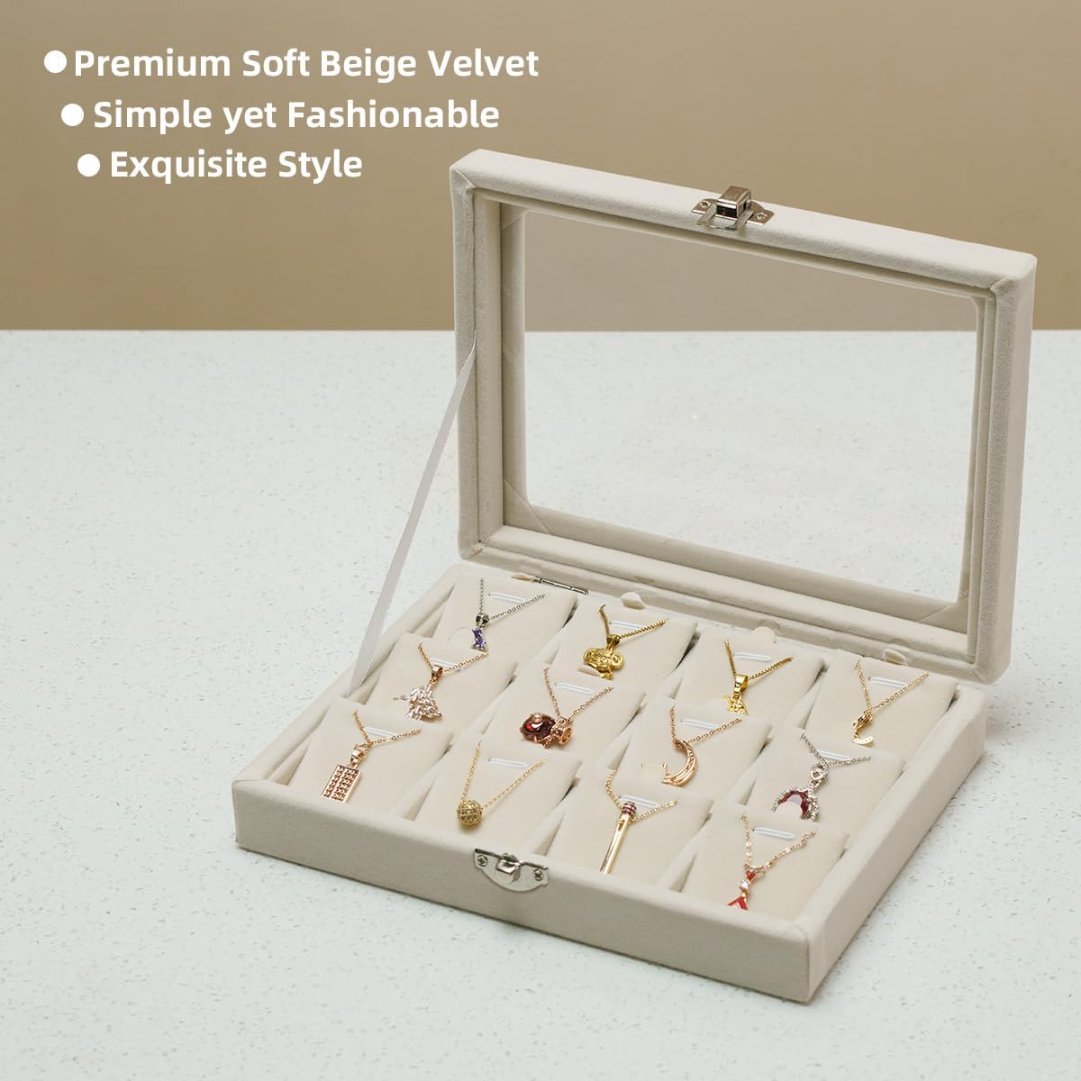 Jewelry Box Necklace Organizer Tray, Beige Necklace Display Case for Storage Jewelry Small Necklaces Display Stand 12 Slot Pendant Holder for Women