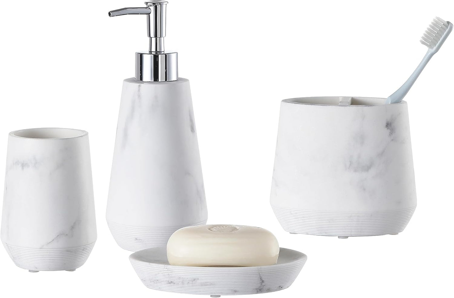 4 Piece Modern Bathroom Accessory Set with Marbled Style and Geometric Design Includes Lotion Dispenser, Toothbrush Holder, Tumbler, Soap Dish (Mordern Style Marble)