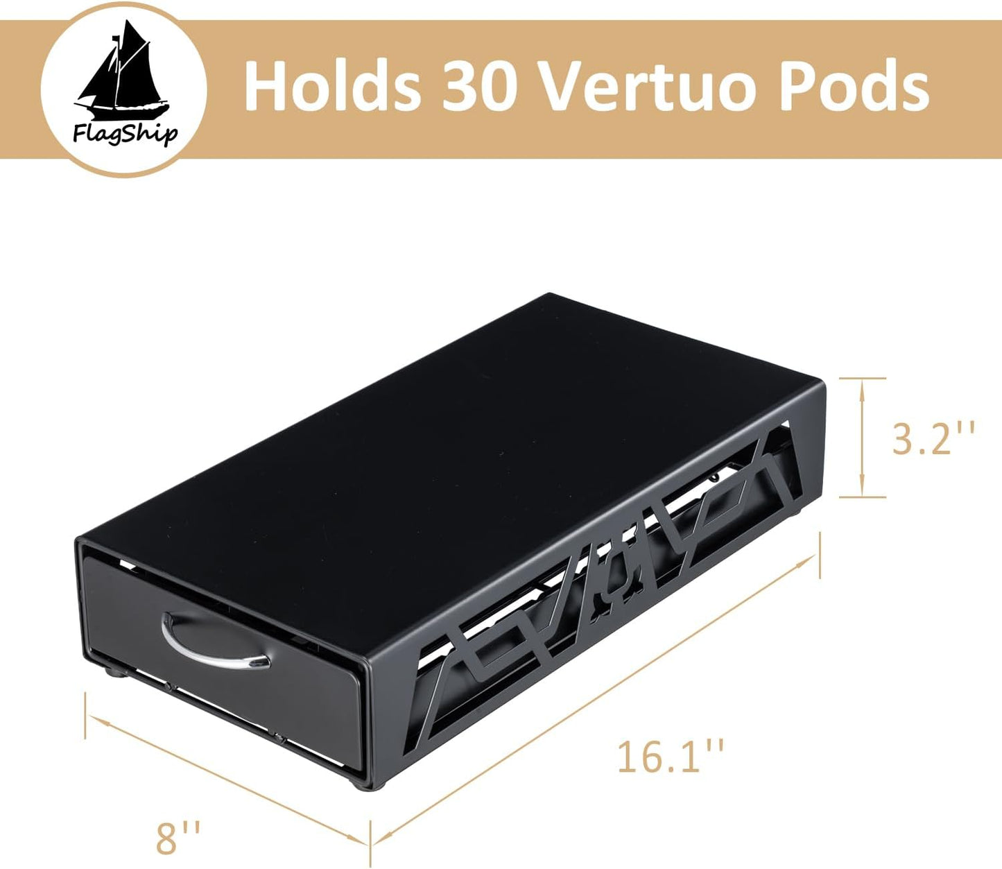 FlagShip Vertuo Pod Drawer Modern Black Metal Coffee Capsule Organizer & Space-Saving for Nespresso Pod Holder Coffee Machine Stand(30 Vertuo Pods Capacity)
