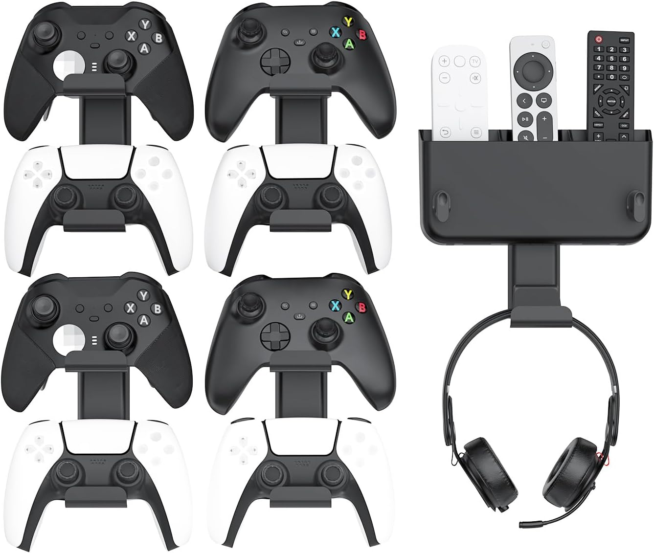 Controller & Headset & Remote Holder Wall Mount with No Drill, 4 Packs Gaming 8 Controllers Hanger Hook Mount for PS5/PS4/XBOX/Switch, Headphone Stand & Remote Control Holer Wall Shelf with Adhesives