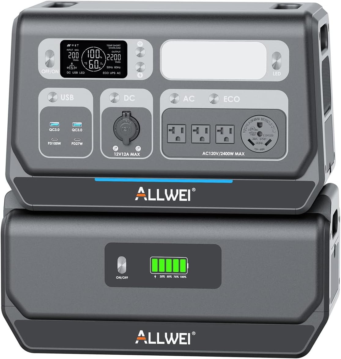 ALLWEI 2400W Portable Power Station with a B200 PRO Expansion Battery, 4096Wh LiFePO4 Battery 4 AC Outlets Up to 2400W for Home, Outdoor Camping, RV, With 1500W AC Charging &1200W Solar Charging