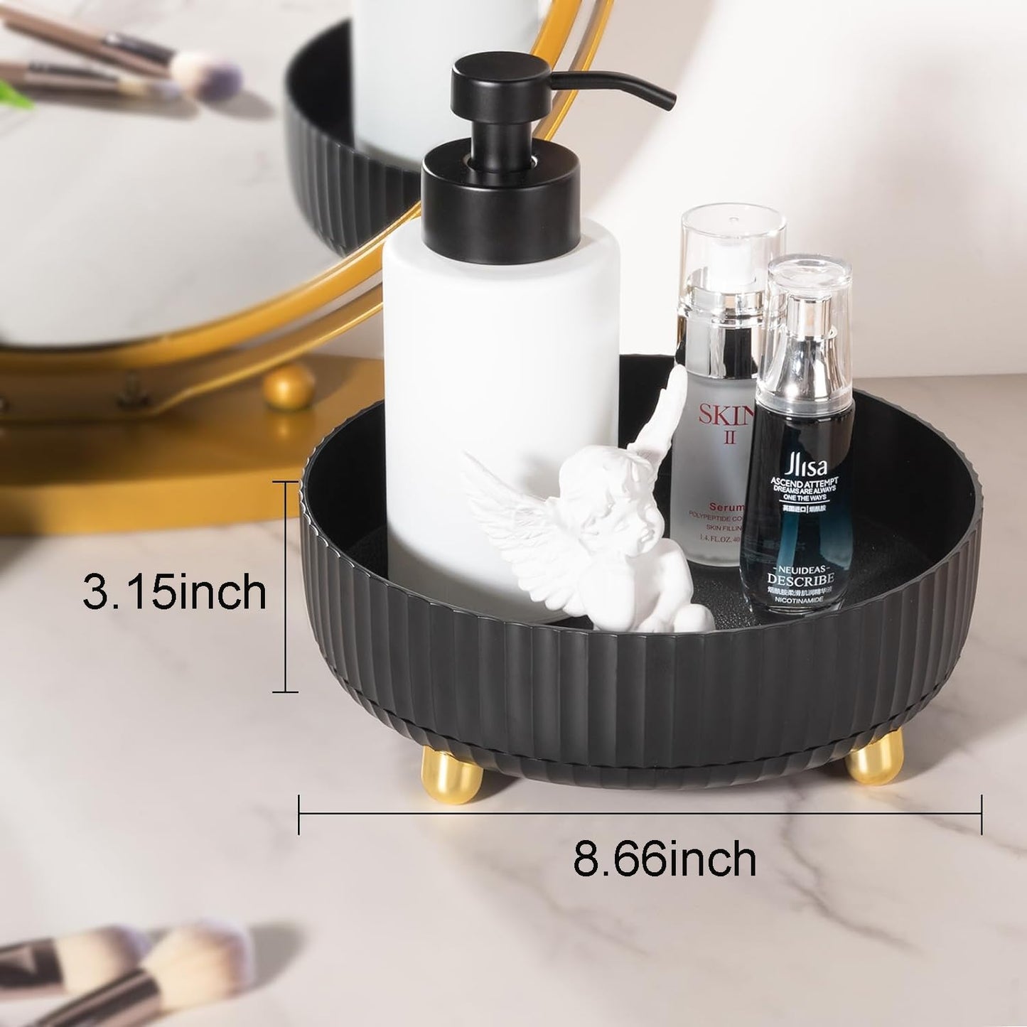 Makeup Perfume Organizer Tray 360 Degree Rotating Lazy Susan Skincare Lotion Organizer Spinning Cosmetics Storage for Dresser, Vanity, Bathroom Countertop, Small Black