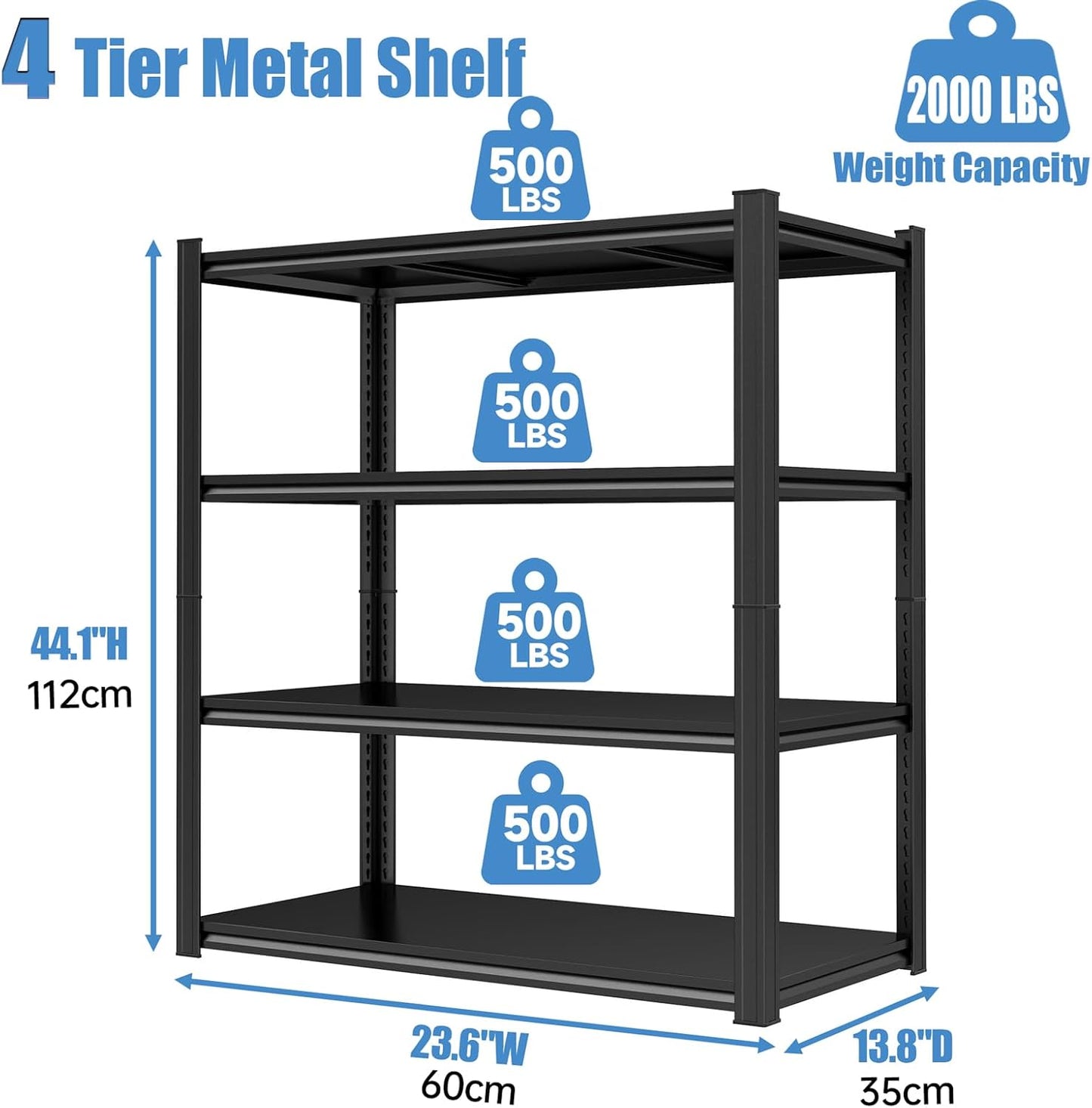Garage Storage Shelves,5 Tier Shelving Unit, 40 inch Wide, 18” Deep, 78” Tall Organizer Metal Shelf for Basement/Laundry/Pantry Heavy Duty, Adjustable,Easy to Install (4Tier-24"WX14"DX44"H)