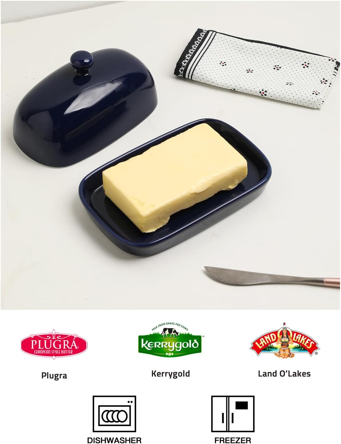 Sweejar Ceramic Butter Dish with Lid for Countertop,Porcelain Butter Keeper with Knob Handle,Butter Container for East/West Coast Butter, 7.1*3.7 inches (Navy)