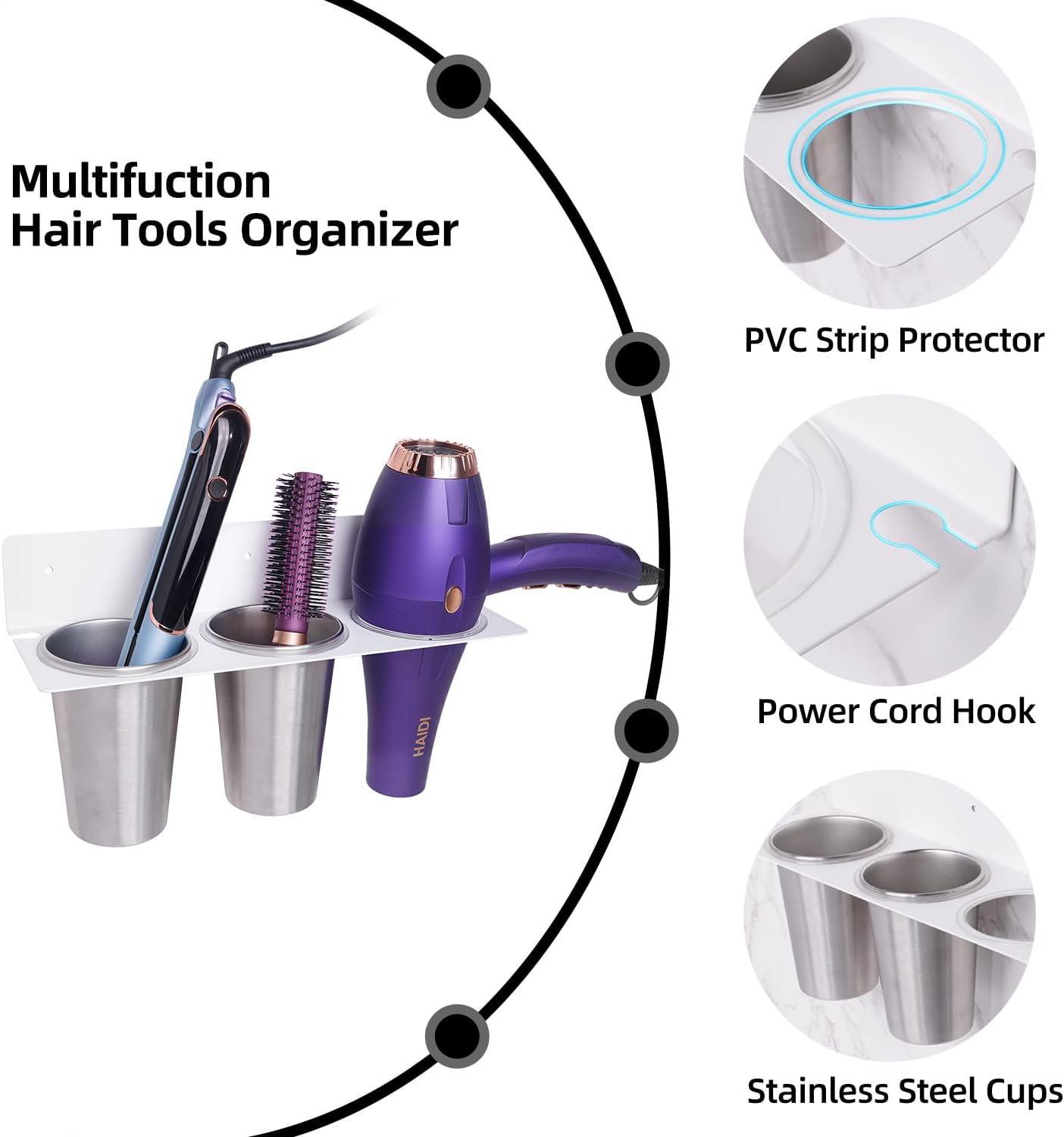 Hair Tool Organizer, Hair Dryer Holder wtih 2 Cups, Hot Tool Organizer Wall Mount for Bathroom Hair Dryer and Straightener for Styling Accessories, Flat Iron, Blow Dryer PTALSEAW