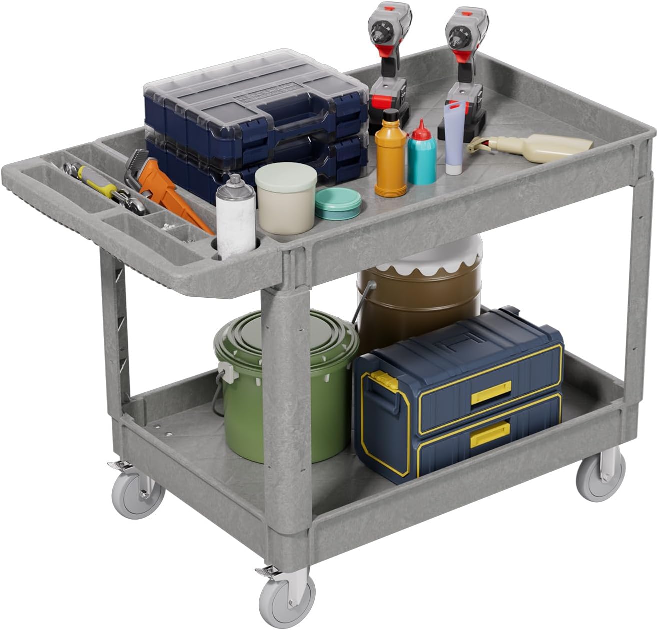 2 Tier Plastic Rolling Utility Cart on Wheels, Heavy Duty Tool Cart with Deep Shelves and 360° Swivel Wheels Holds up to 550 lbs, Service Cart for Warehouse,Garage, Cleaning (Gray-L)