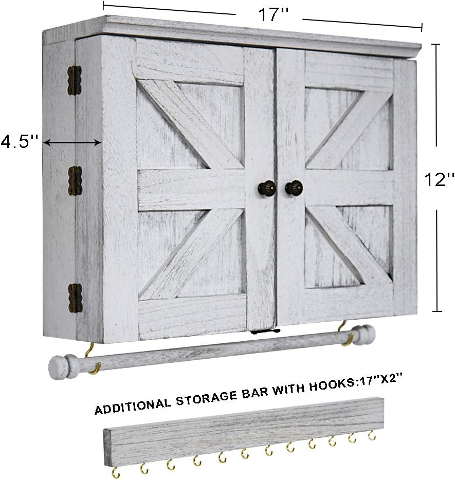 Rustic Wall Mounted Jewelry Organizer,Vintage Wooden Hanging Jewelry Holder Box with Barndoor Decor for Necklaces, Earings, Bracelets, Rings, Accessories. Includes Hook Organizer
