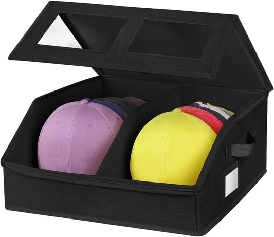 Hat Storage for Baseball Caps-Holds Up to 24 Caps, Hat Organizer for Closet Stackable Hat Box with Cardboard, Dustproof Baseball Cap Organizer with 2 Handles for Home Travel (Black, 1 Pack)