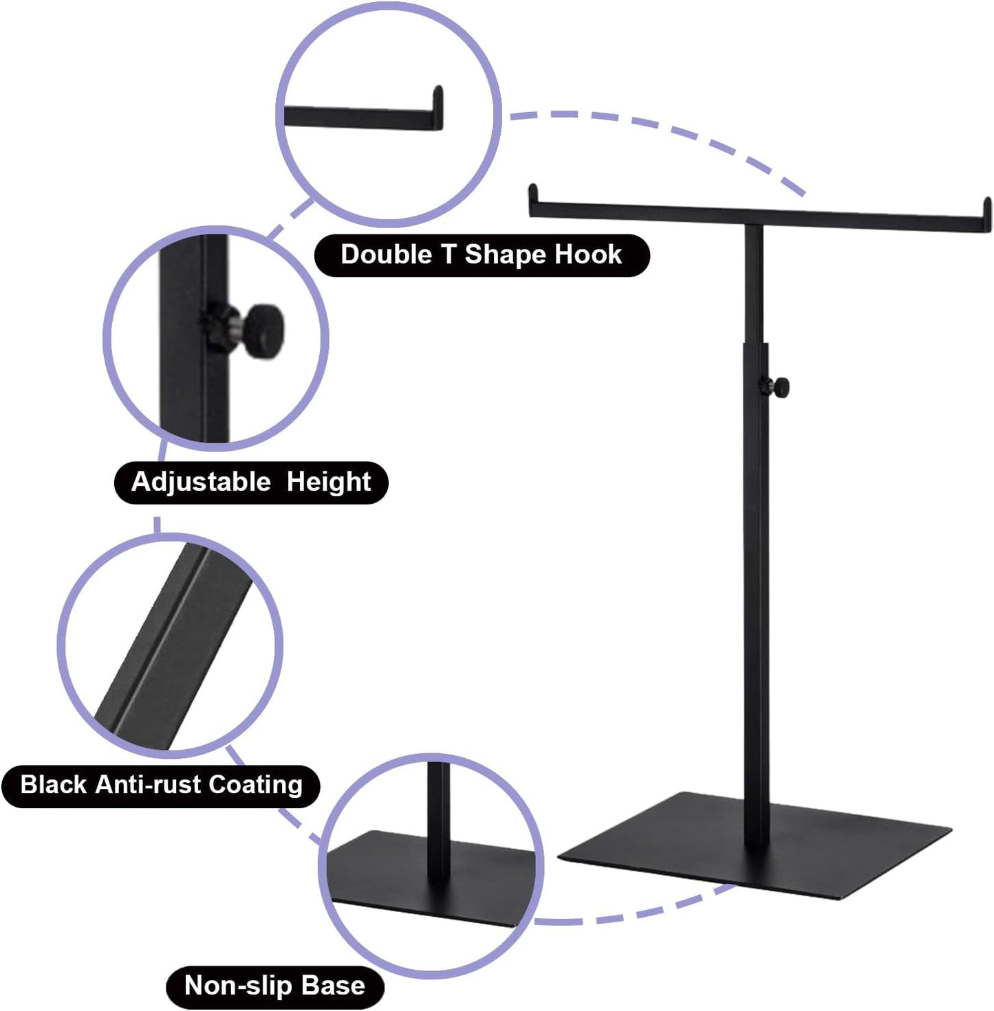 Purse Display Stand T Shaped, Countertop Jewelry/Scarf/Handbag T-Bar Display Stand, Tabletop Double Hook Hanging Stands for Long Necklaces, Metal with Adjustable Height (Black, 2Pcs)