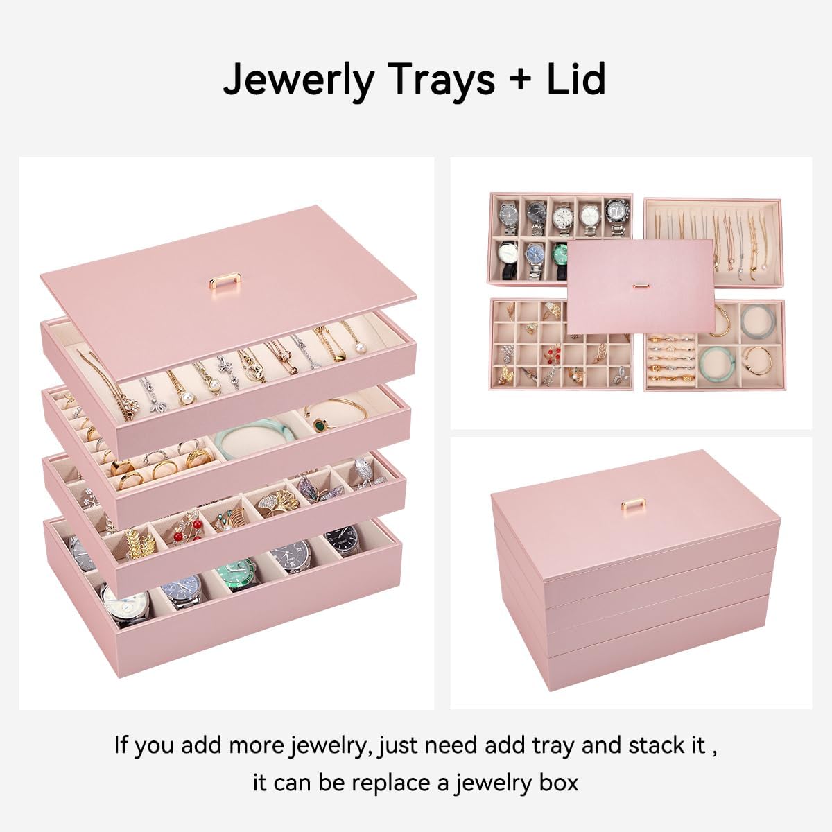 Voova Stackable Jewelry Organizer Tray with Lid, PU Leather Jewelry Storage Holder for Drawer Inserts, Jewellery Display Box Case for Earring Necklace Ring Watch Bracelet (Set of 4, Rose Gold)