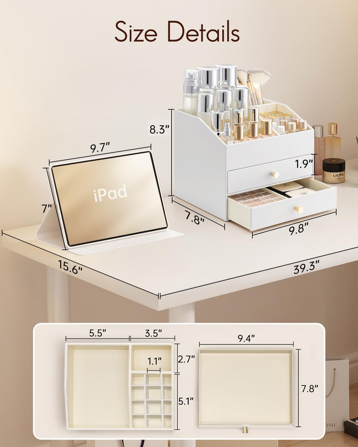 Vlando Makeup Organizer for Vanity,Large Capacity Countertop Organizer with Drawers, PU Leather Cosmetic Display Case for Lipstick,Brushes,Skincare,Nail polish and Bedroom Storage (White)