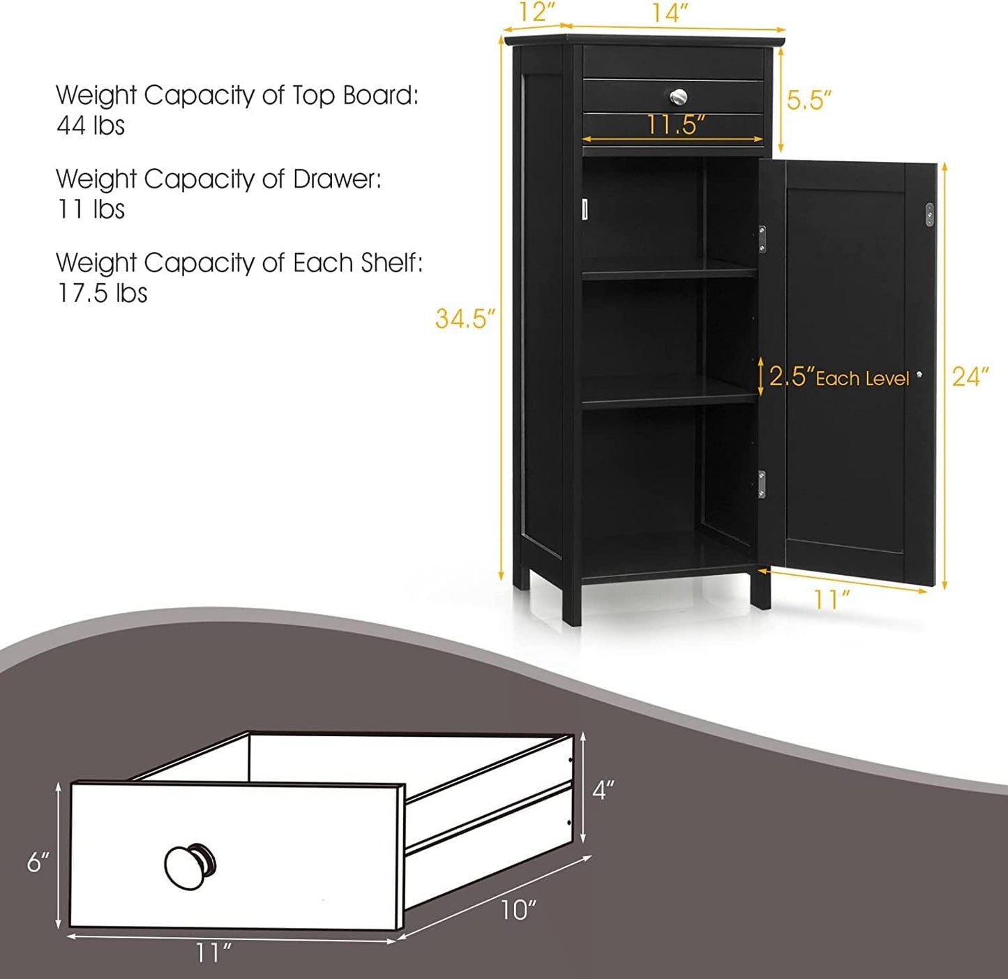 HAPPYGRILL Bathroom Floor Cabinet, Single Door Floor Storage Cabinet Organizer with Drawer and 3-Level Adjustable Shelves, Bathroom Cabinets Freestanding with Anti-Tipping Device for Living Room