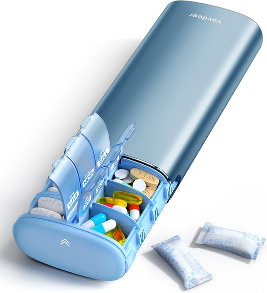 Vaydeer Metal 7 Day Pill Organizer 2 Times a Day – AM PM Weekly Travel Pill Case with Moisture-Proof Desiccant, Airtight Large Capacity Pill Box for Vitamins, Medications & Supplements (Blue)