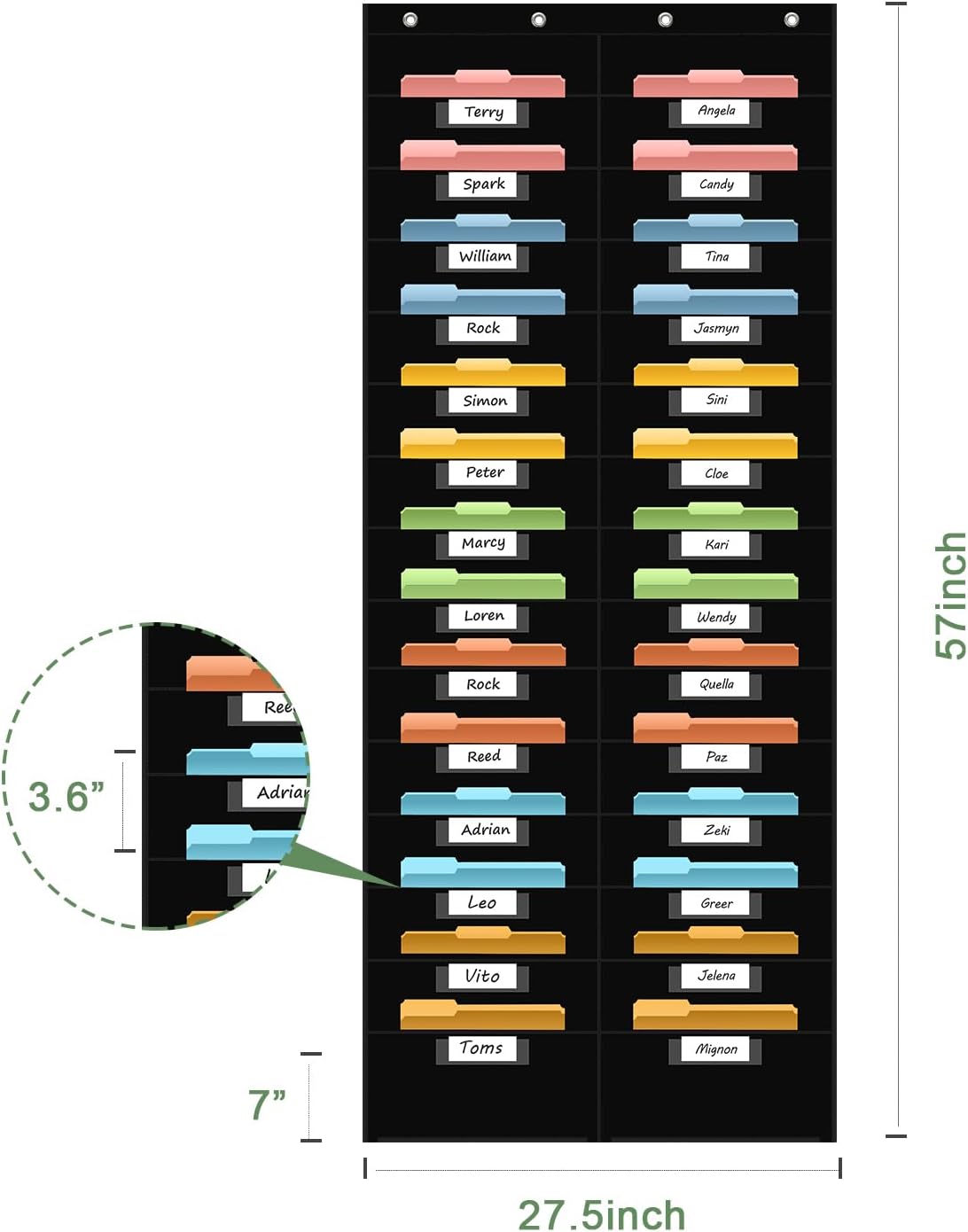 28 Pocket Hanging Wall File Organizer with 28 Name tag Pockets, File Storage Pocket Chart for Classroom and Office Use. Keeps Assignments, Files, Scrapbooks, and Papers Neatly Organized.