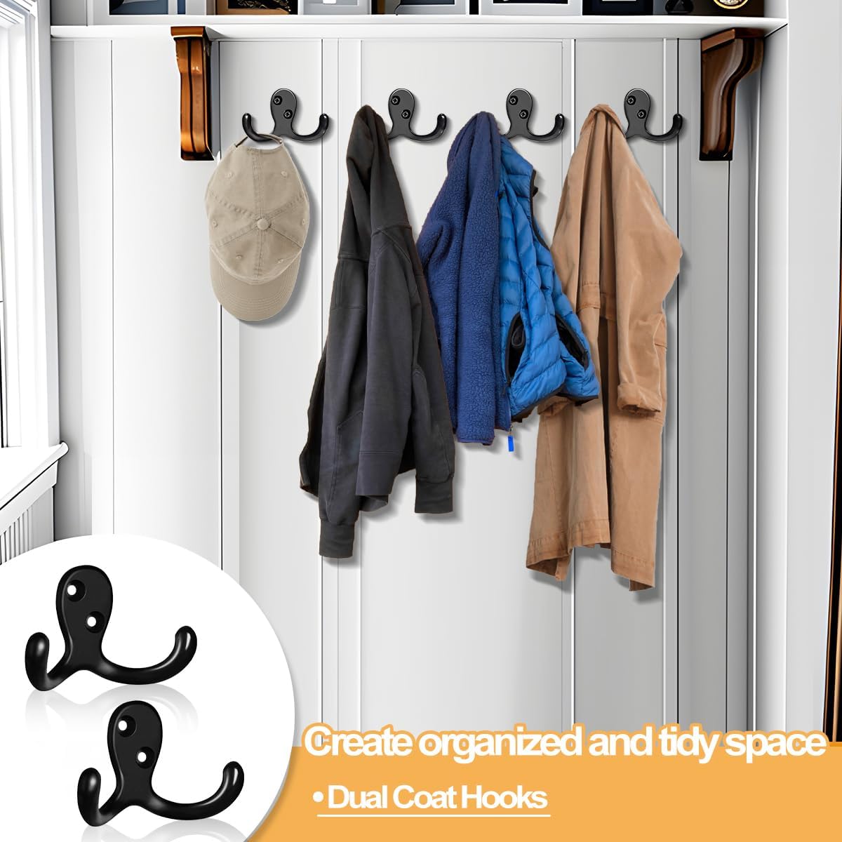 10 Pack Coat Hooks Wall Hooks for Hanging, Heavy Duty Double Prong Metal Hook Wall Mounted for Living Room, Bathroom, Kitchen, Bedroom for Coat, Bag, Scarf, Towel, Hat, Key, Cup (Black)