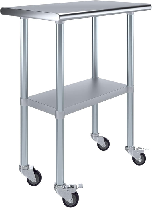 AmGood 18" x 30" Stainless Steel Work Table with Casters | Heavy Duty Metal Utility Table On Wheels | Kitchen Island Cart