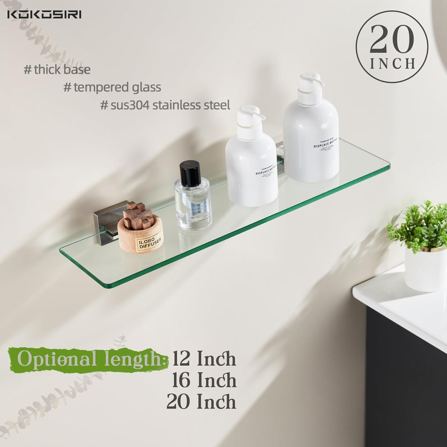 KOKOSIRI Wall Shelves Floating Bathroom Glass Shelf for Kitchen Storage, 20'' x 5.6'' Tempered Glass Wall Mounted Brushed Stainless Steel, 2 Pack B1106BR-L20-P2