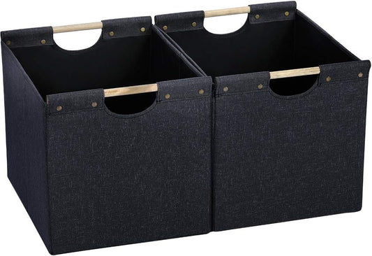 HOONEX Large Collapsible Storage Bins, Linen Fabric, 2 Pack, Storage Baskets with Wooden Carry Handles and Sturdy Heavy Cardboard, for Home, Office, Car, Nursery, Dark Grey