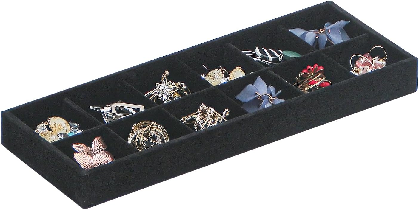 Divided Drawer Organizer, Velvet Jewelry Storage Tray for Necklace, Bracelet, Ring, Earring Display - Bedside Nightstand Desk Holder for Phone, Watch, Sunglasses, Cosmetics Storage/Black/12grid