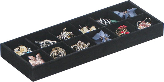 Divided Drawer Organizer, Velvet Jewelry Storage Tray for Necklace, Bracelet, Ring, Earring Display - Bedside Nightstand Desk Holder for Phone, Watch, Sunglasses, Cosmetics Storage/Black/12grid