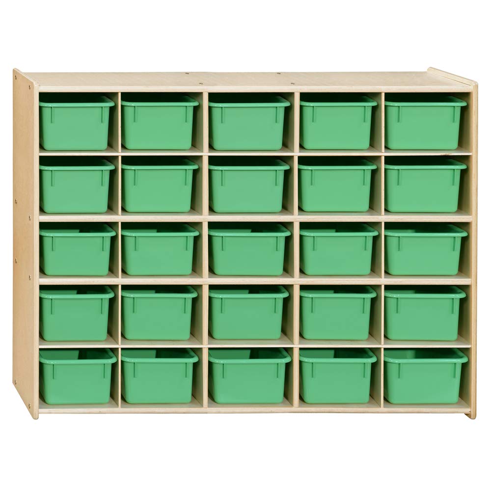 Contender 25 Trays Birch Hardwood Shelving Unit with Lime Green Bins, Kindergarten, Home-School, Daycare Organizer for Toys, Puzzles, Art and Craft Supplies