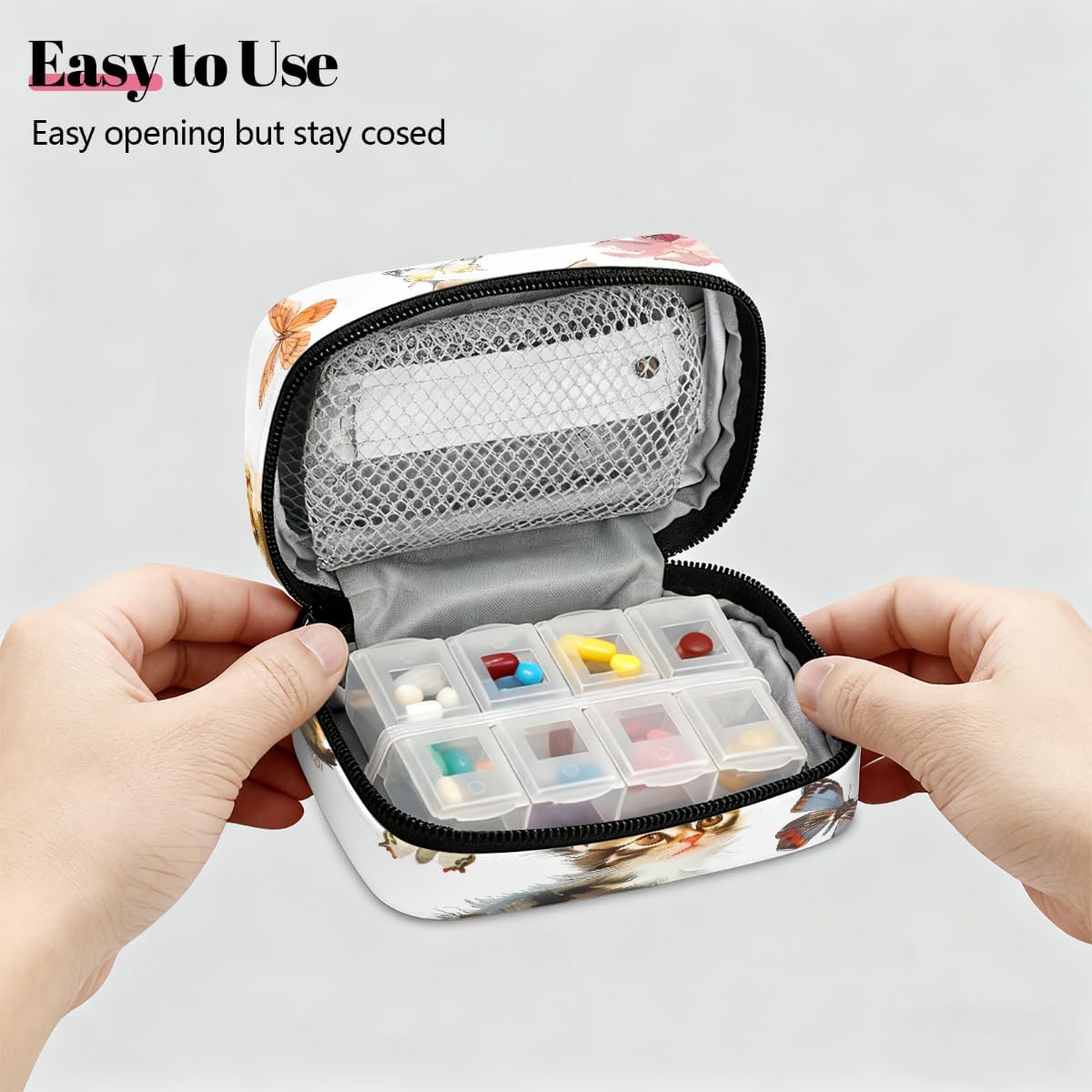 Watercolor Cute Cats Butterflies Pill Organizer Travel Medicine Case with Zipper Daily Vitamin Storage Bag Portable 8 Slot Weekly Pill Box Supplement Holder for Home Office Gym Travel