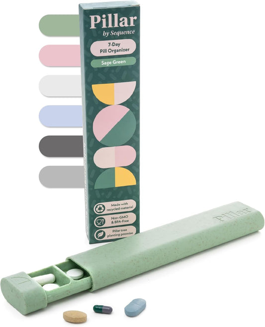 Pillar - 7-Day Pill Organizer | Weekly Medicine Pill Container Travel Box - Aesthetic Medication Holder - Stylish Travel Pill Case - Cute Small Medication Organizer 7 Day for Women (Sage Green)
