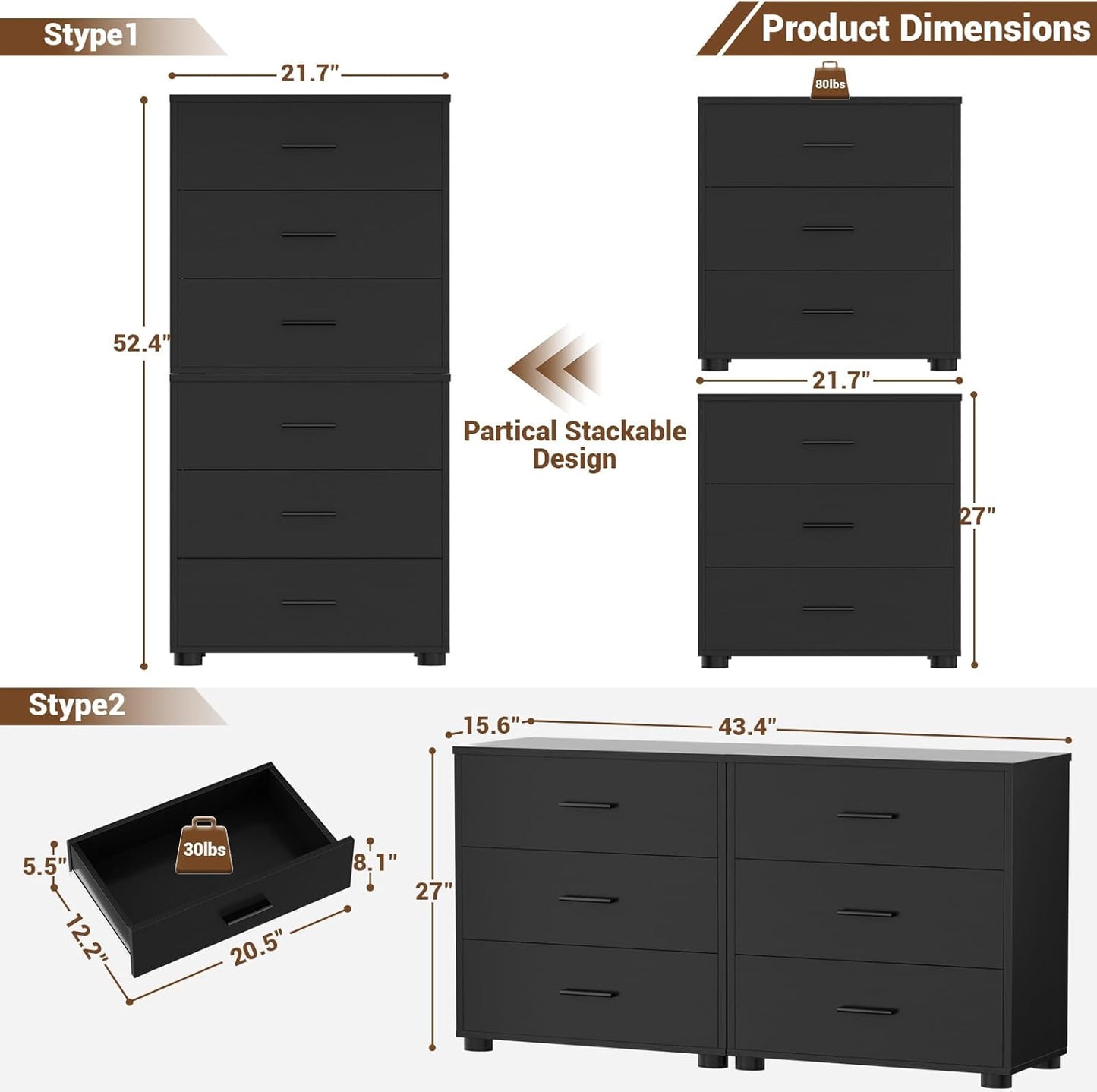 Aheaplus Closet Drawers Set of 2, Wood Closet Organizers and Storage with 3 Drawers, Closet Drawers Organizer System, Nightstands Bedside End Table with 3 Drawers Storage for Bedroom, Black