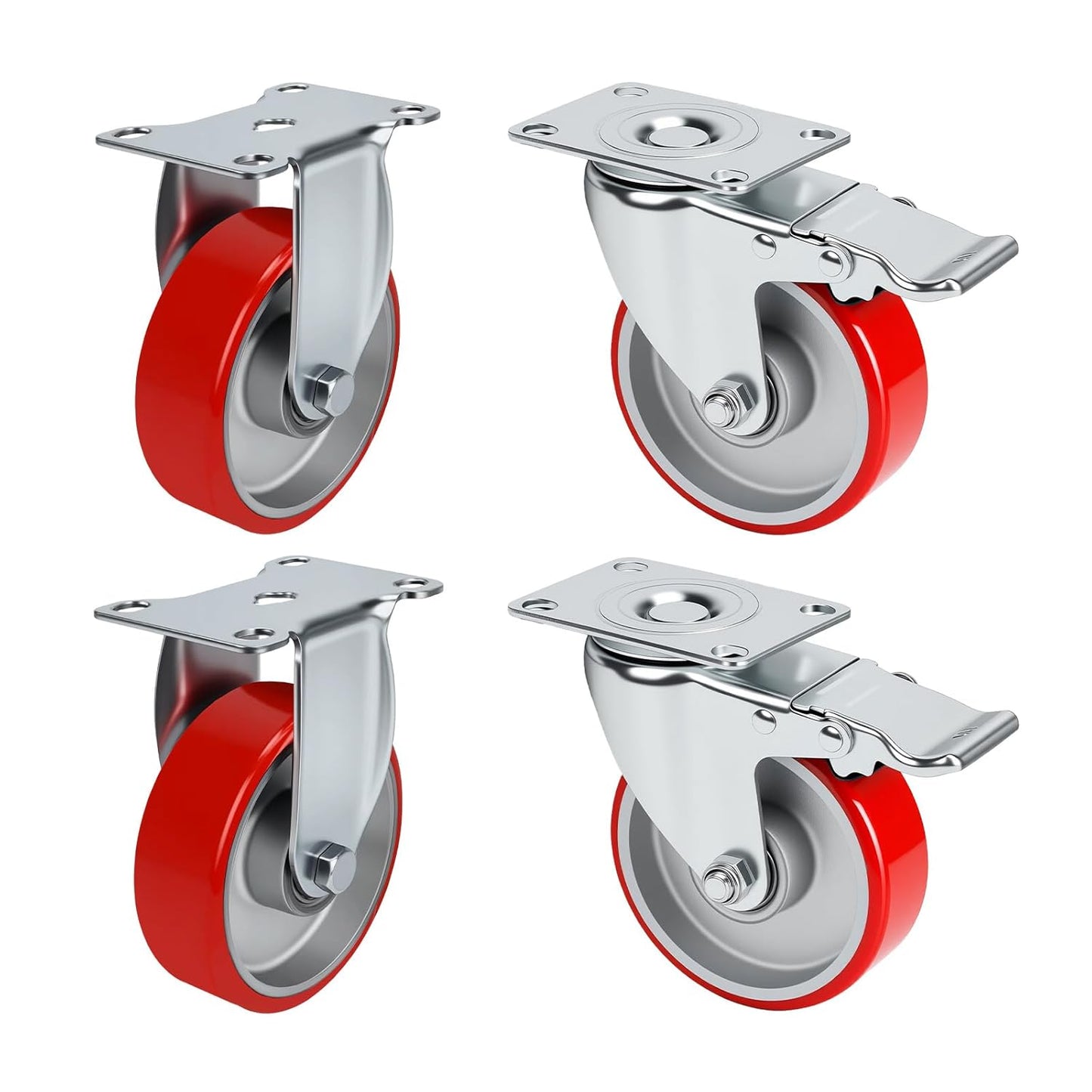 4 Inch Caster,Heavy Duty Caster Wheels Set of 4,Load 2000 Lbs,Polyurethane Steel Wheels,Swivel Wheels with Brake for Trolleys,Warehouse Cargo Handling,Workbench Moving(2Brake&2Rigid)