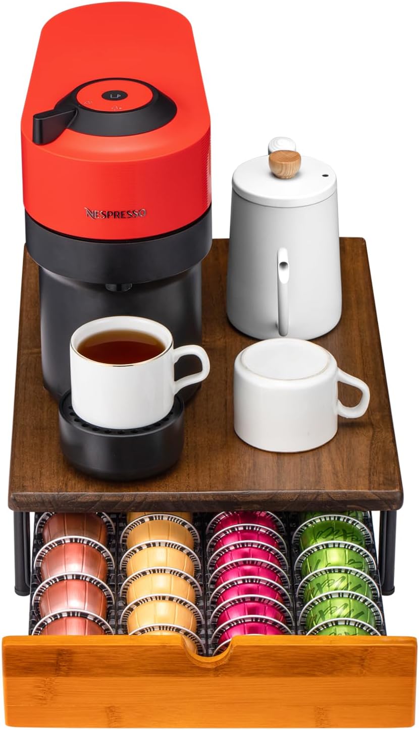 Vertuo Capsule Holder Drawer for Nespresso With Elegant Wood Top (40 Pods)